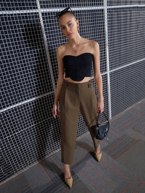 Women Beige Front Button Paperback Waist Pants
