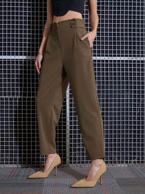 Women Beige Front Button Paperback Waist Pants