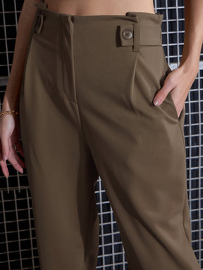 Women Beige Front Button Paperback Waist Pants
