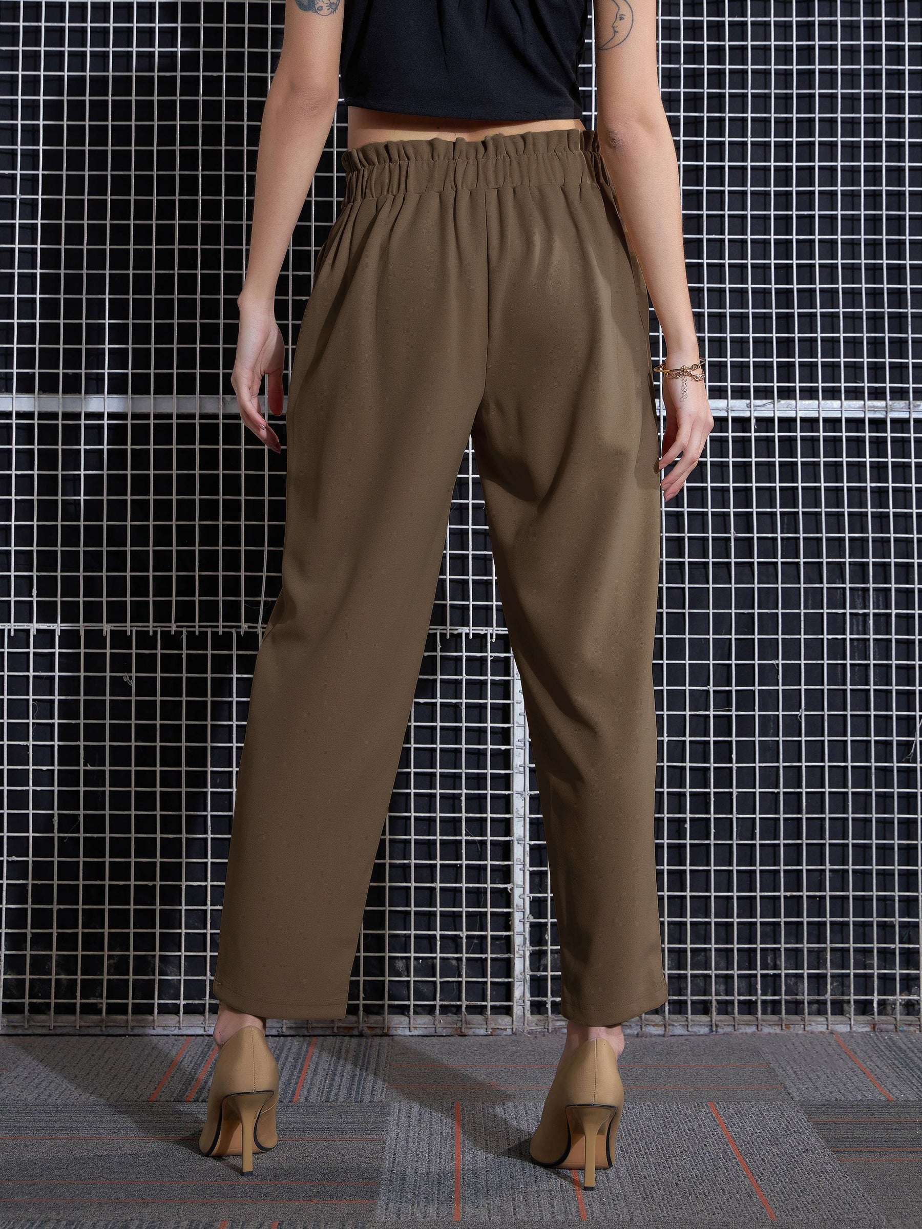 Women Beige Front Button Paperback Waist Pants