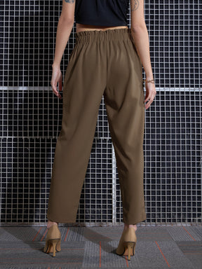 Women Beige Front Button Paperback Waist Pants