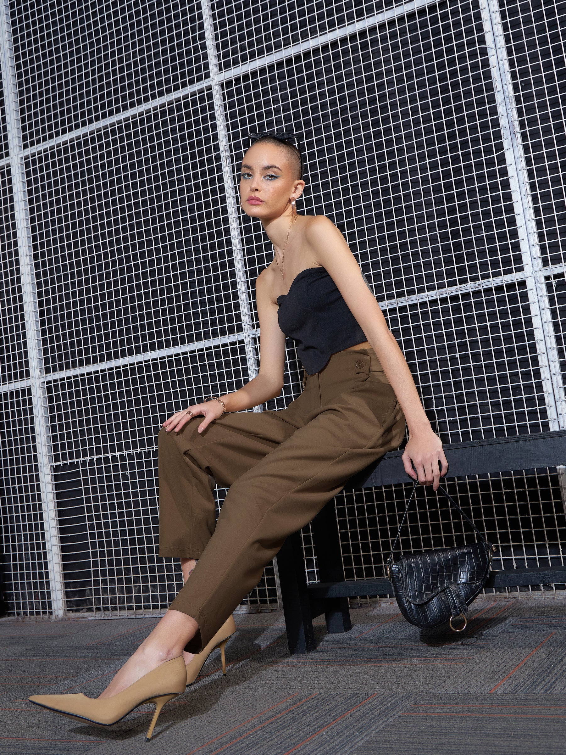 Women Beige Front Button Paperback Waist Pants