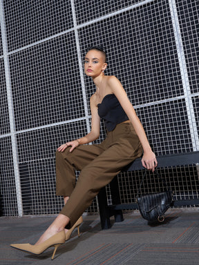 Women Beige Front Button Paperback Waist Pants