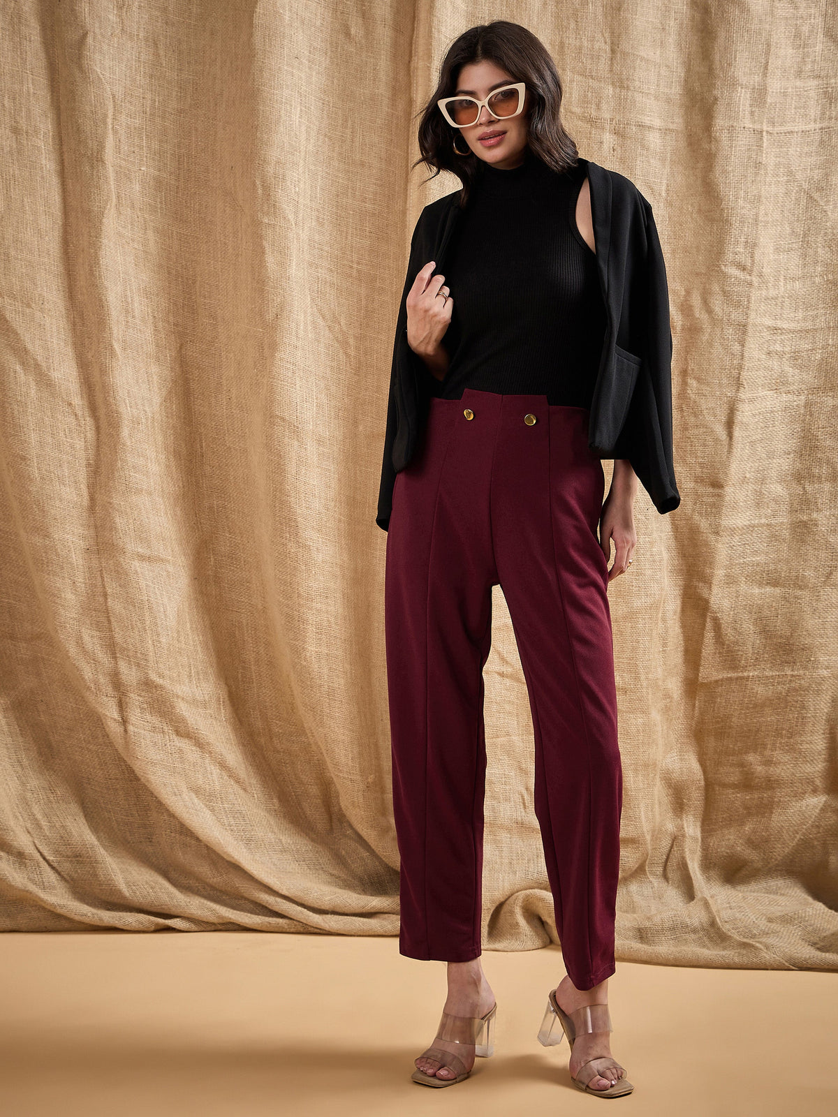 Red Waist Button Pants-SASSAFRAS