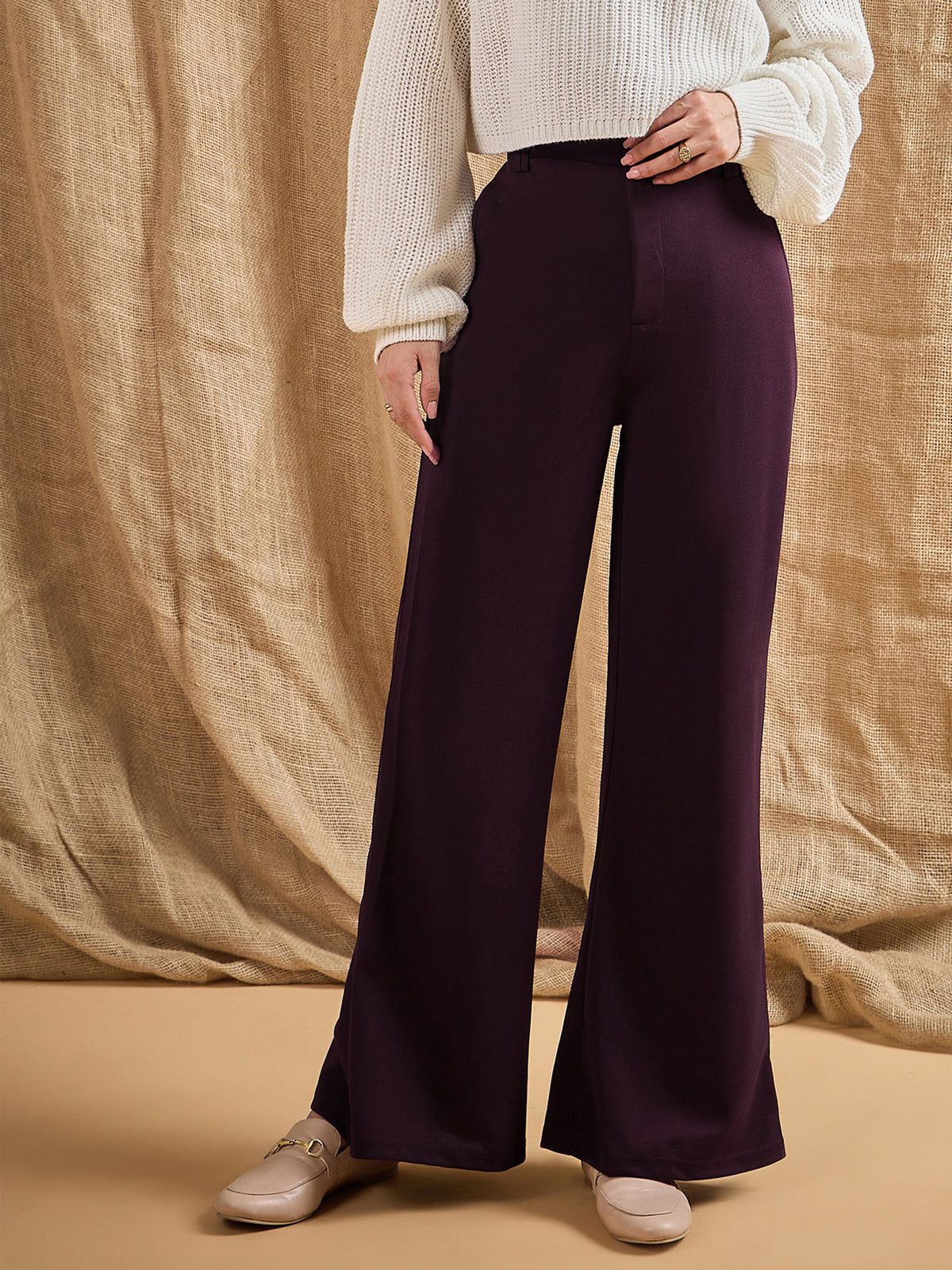 Burgundy Bell Bottom Slim Pants-SASSAFRAS