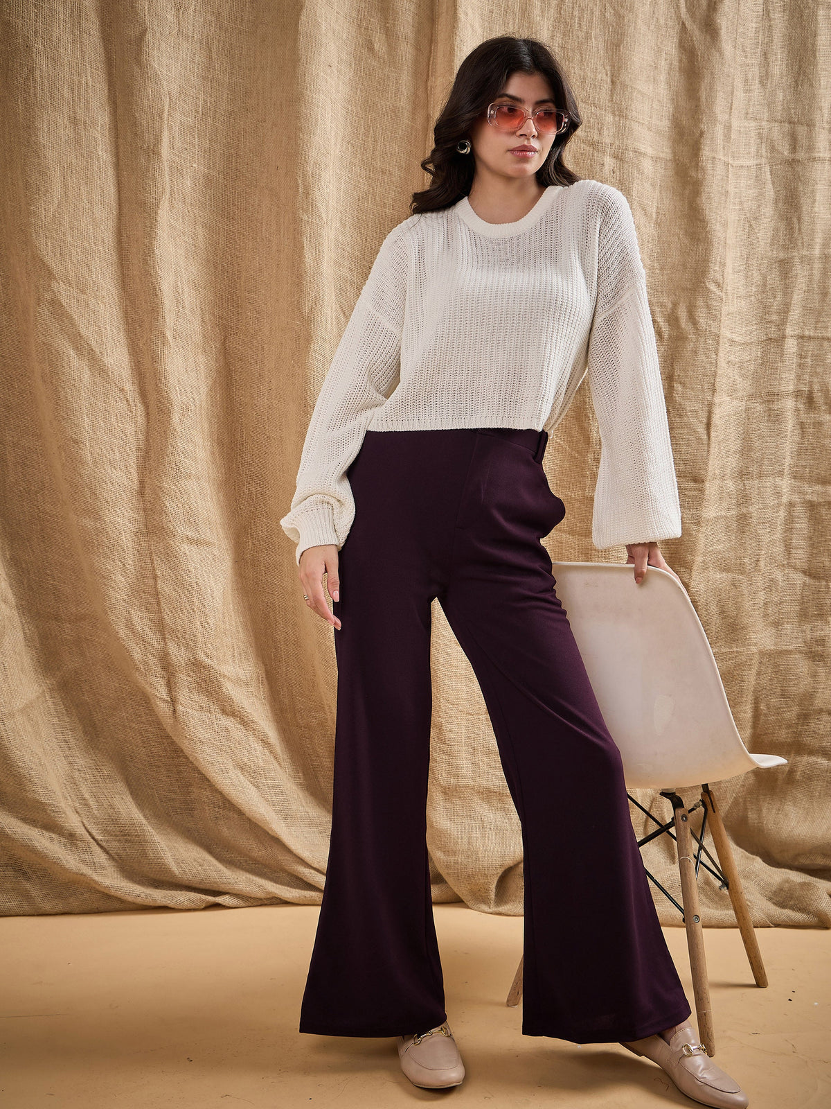 Burgundy Bell Bottom Slim Pants-SASSAFRAS