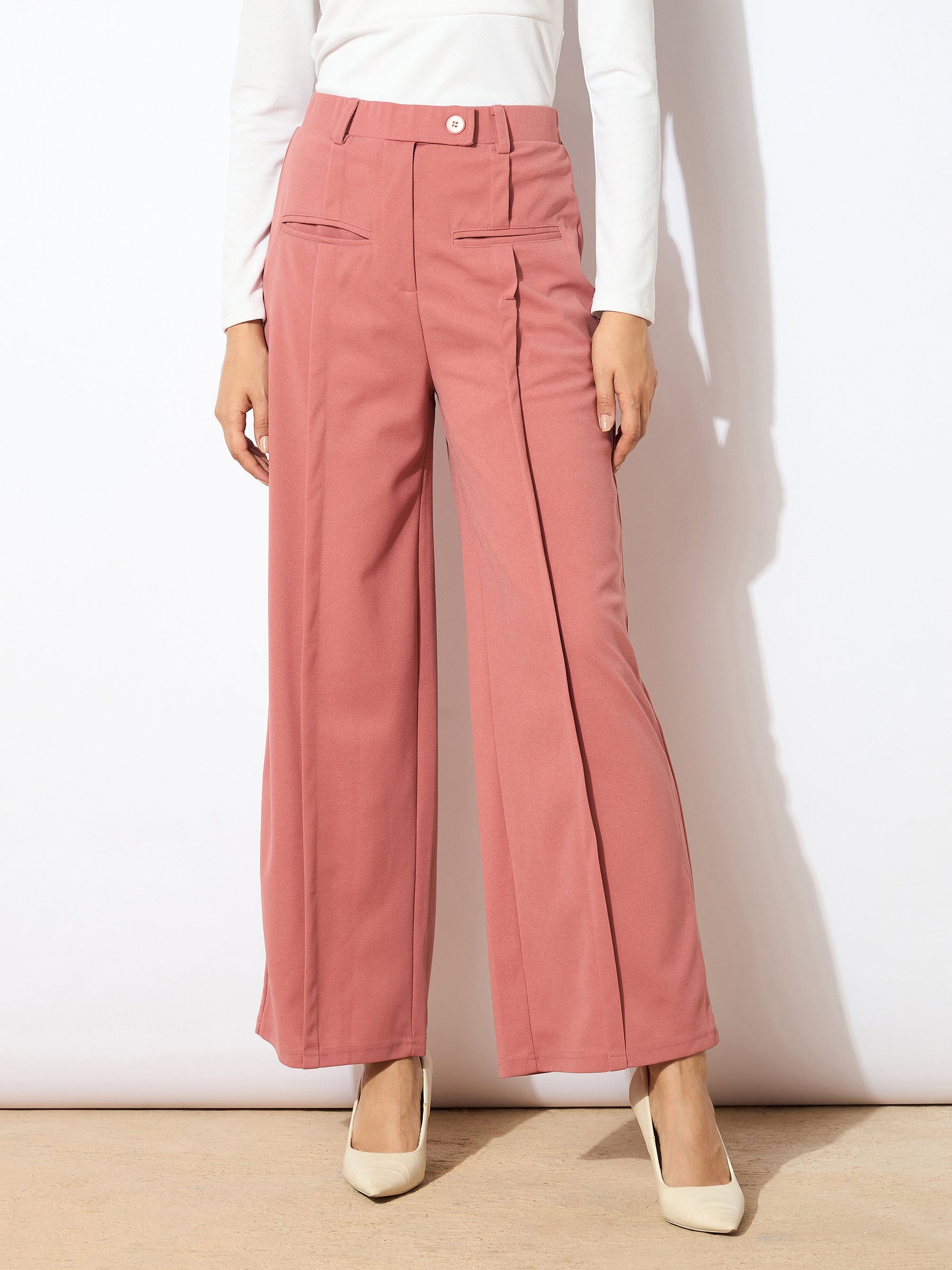 Peach Front Pleated Straight Fit Trousers-SASSAFRAS