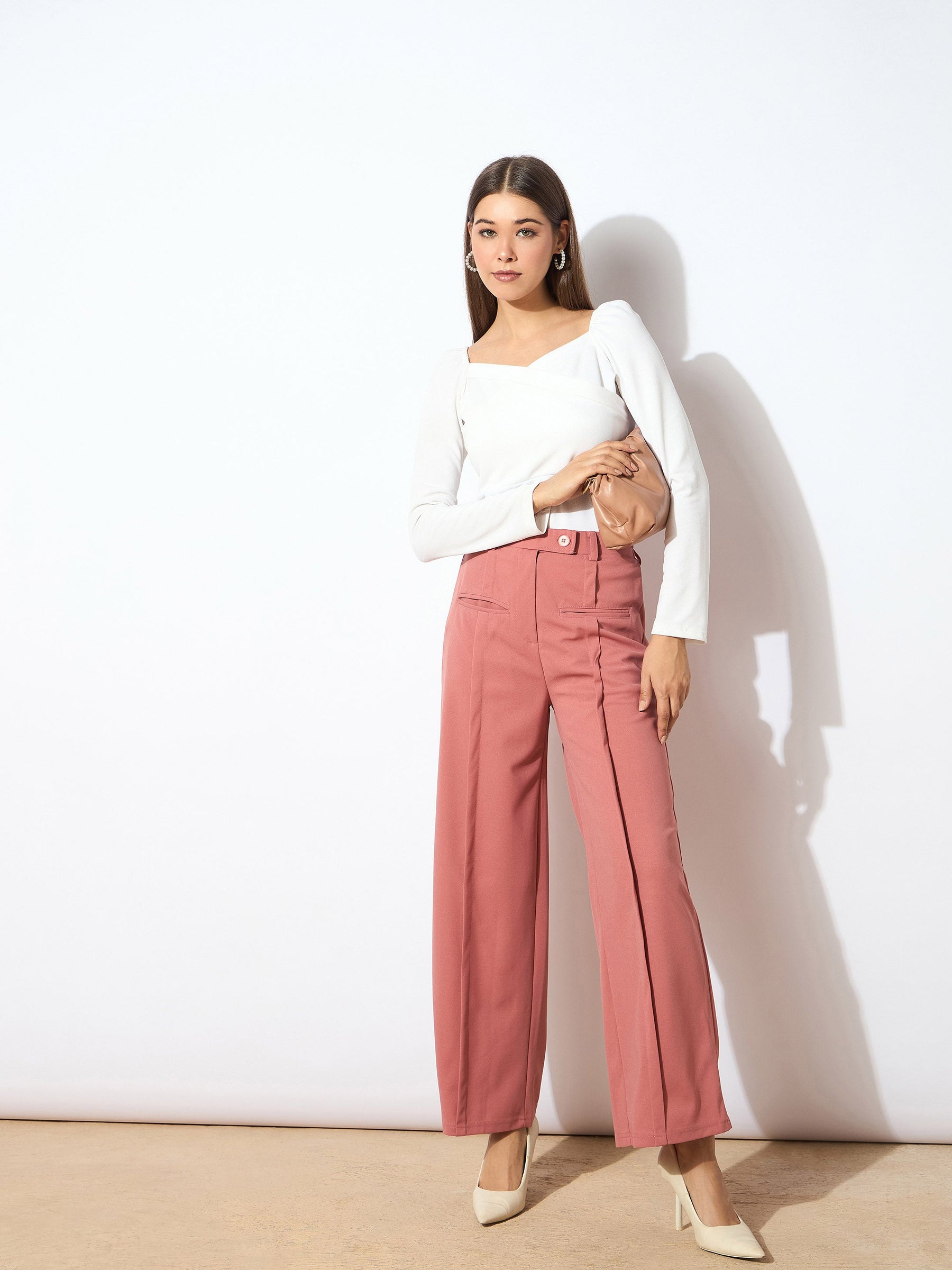 Peach Front Pleated Straight Fit Trousers-SASSAFRAS