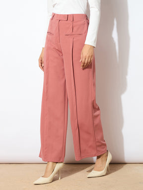 Peach Front Pleated Straight Fit Trousers-SASSAFRAS