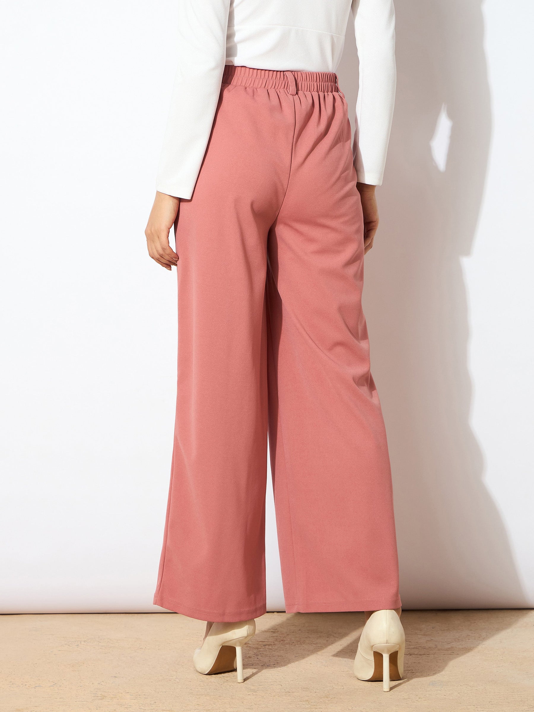 Peach Front Pleated Straight Fit Trousers-SASSAFRAS