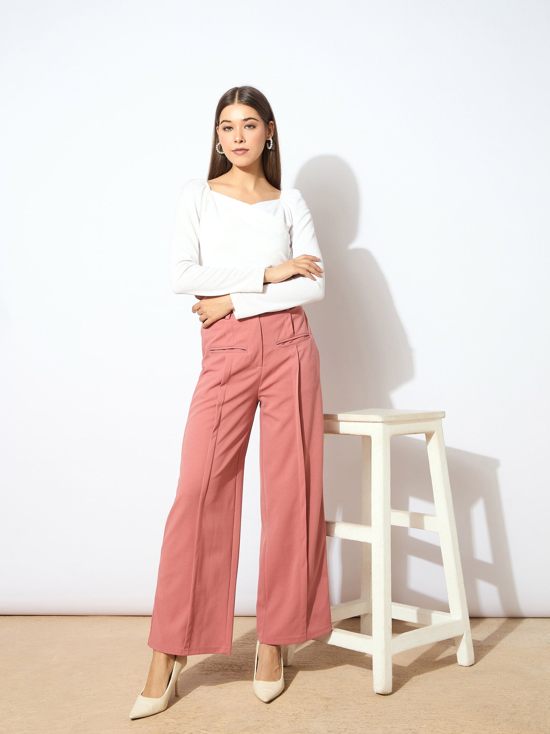 Peach Front Pleated Straight Fit Trousers-SASSAFRAS