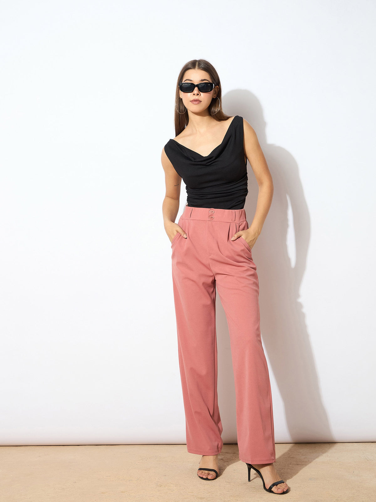 Pink Pleated Straight Pants-SASSAFRAS