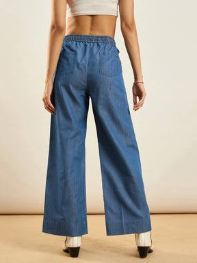 Blue Tencel Contrast Piping Detail Pants-SASSAFRAS