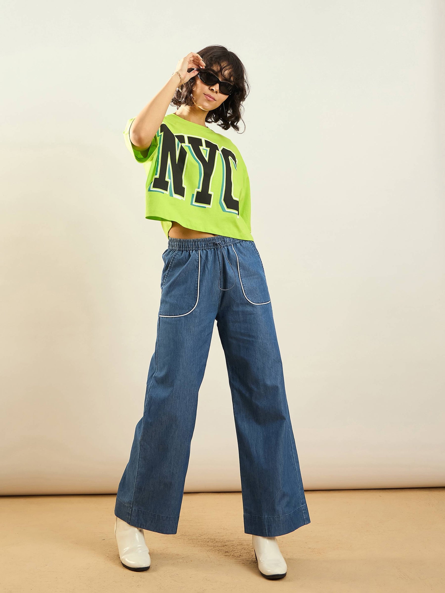 Blue Tencel Contrast Piping Detail Pants-SASSAFRAS