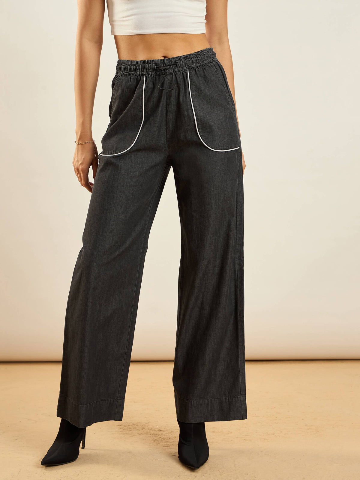 Black Tencel Contrast Piping Detail Pants-SASSAFRAS