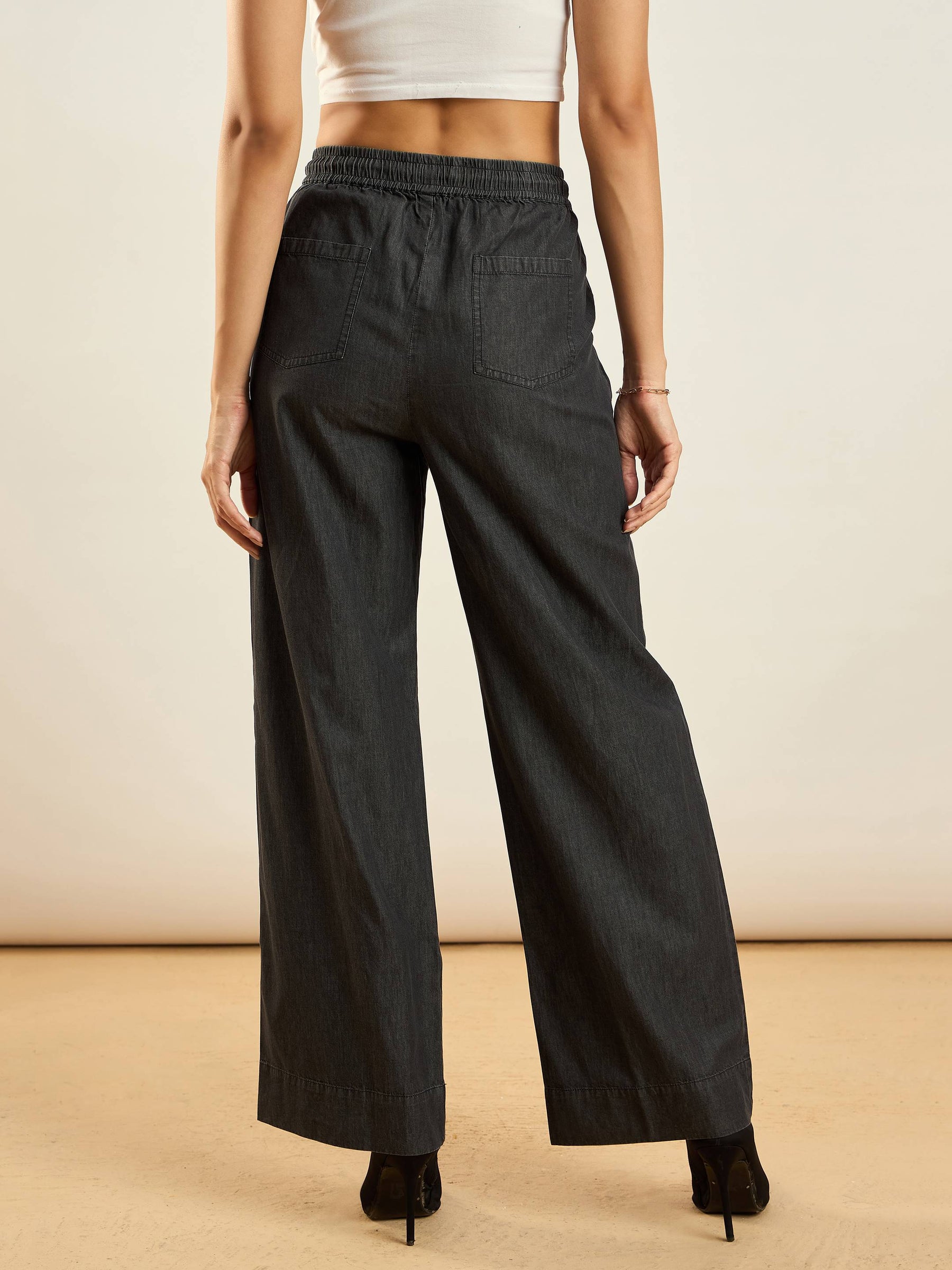 Black Tencel Contrast Piping Detail Pants-SASSAFRAS