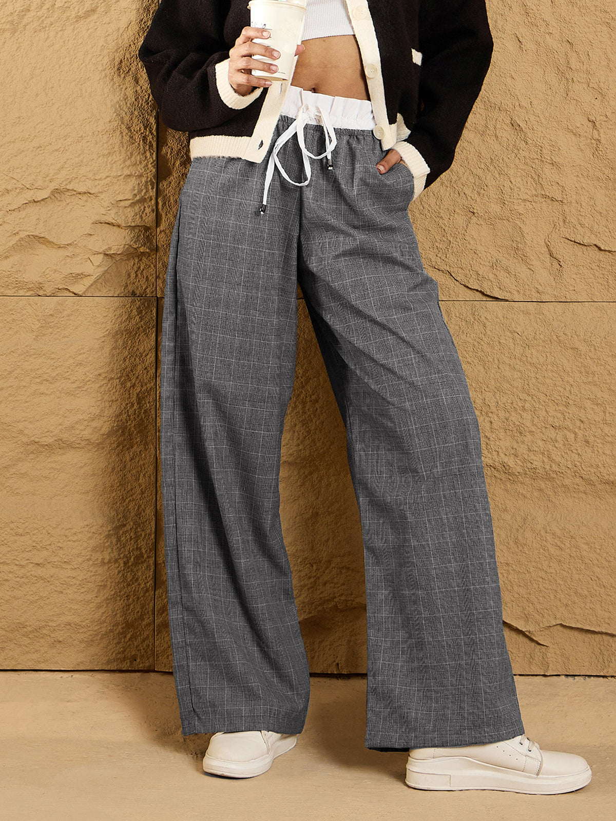 Black & Grey Check Contrast Paperback Waist Pants-SASSAFRAS