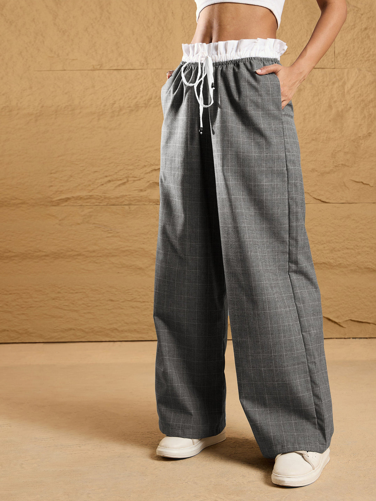 Black & Grey Check Contrast Paperback Waist Pants-SASSAFRAS