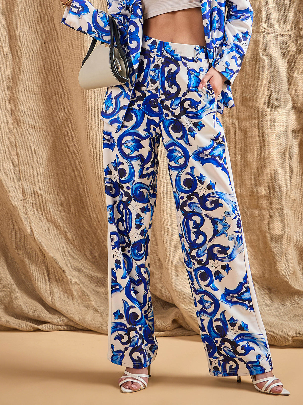 Blue Printed Straight Fit Pants-SASSAFRAS