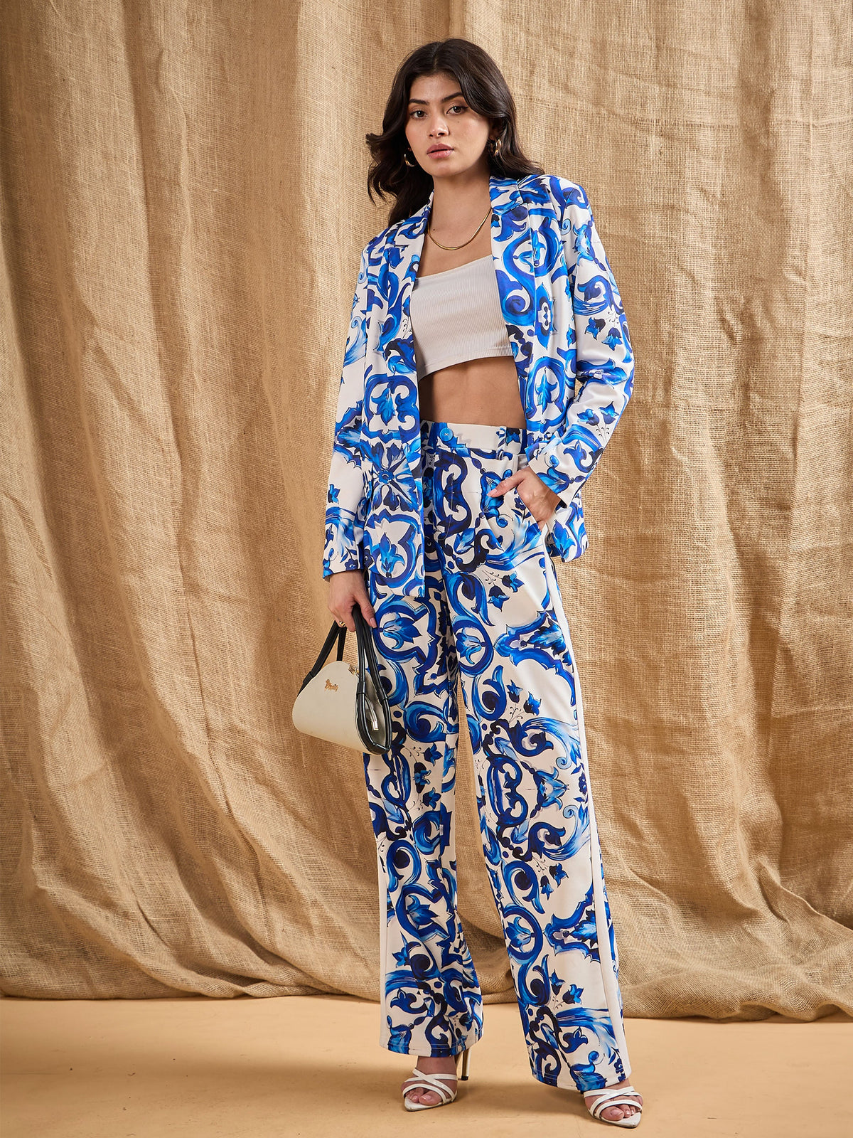 Blue Printed Straight Fit Pants-SASSAFRAS