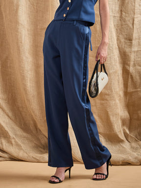 Airforce Blue Straight Fit Side Tape Pants-SASSAFRAS