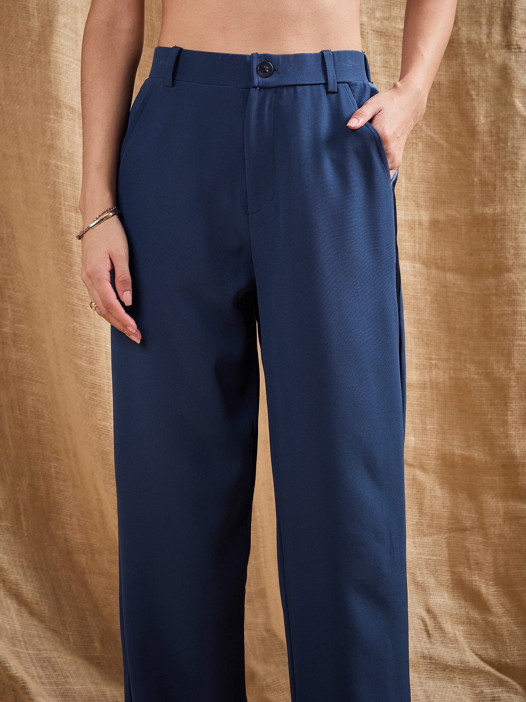 Airforce Blue Straight Fit Side Tape Pants-SASSAFRAS