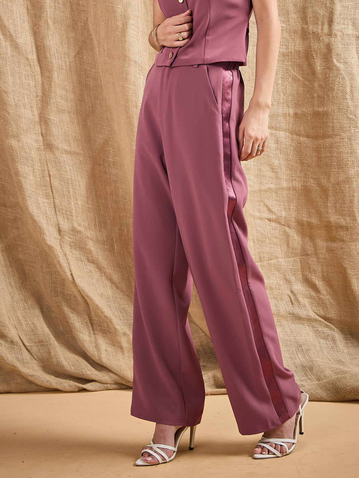 Dark Pink Straight Fit Side Tape Pants-SASSAFRAS