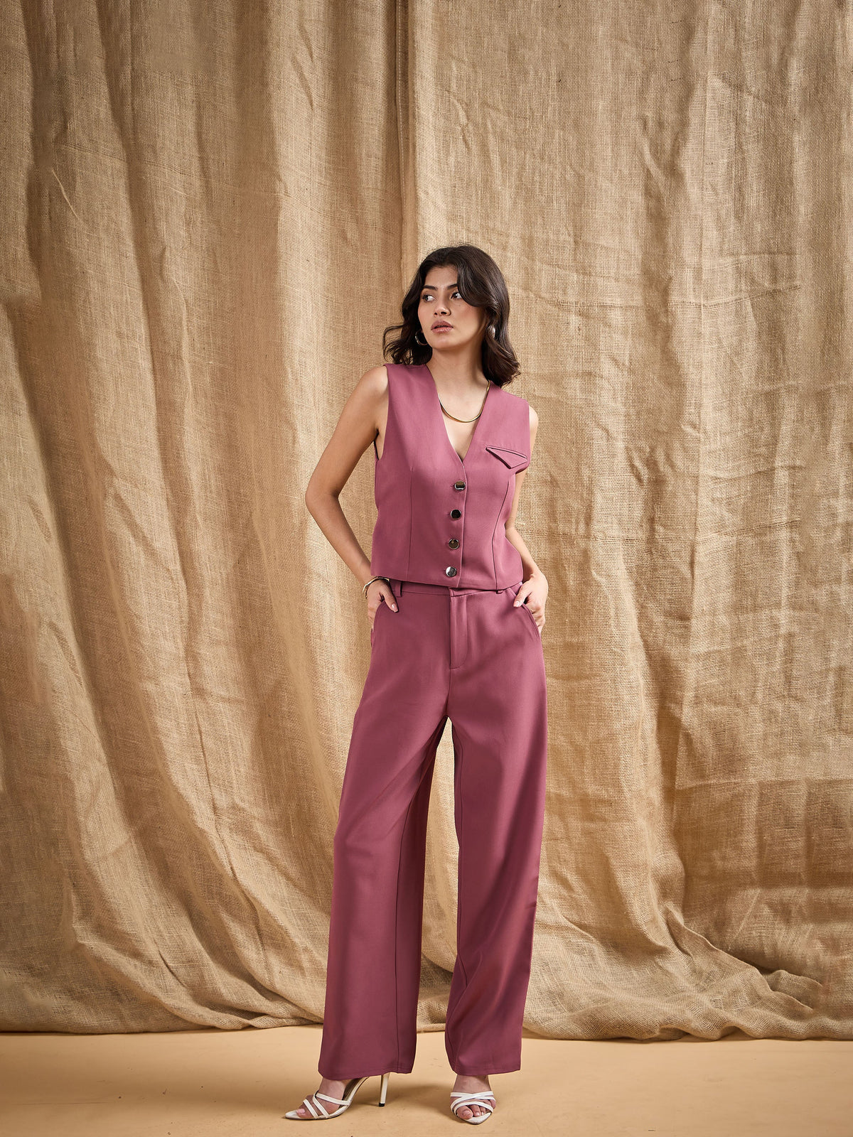 Dark Pink Straight Fit Side Tape Pants-SASSAFRAS