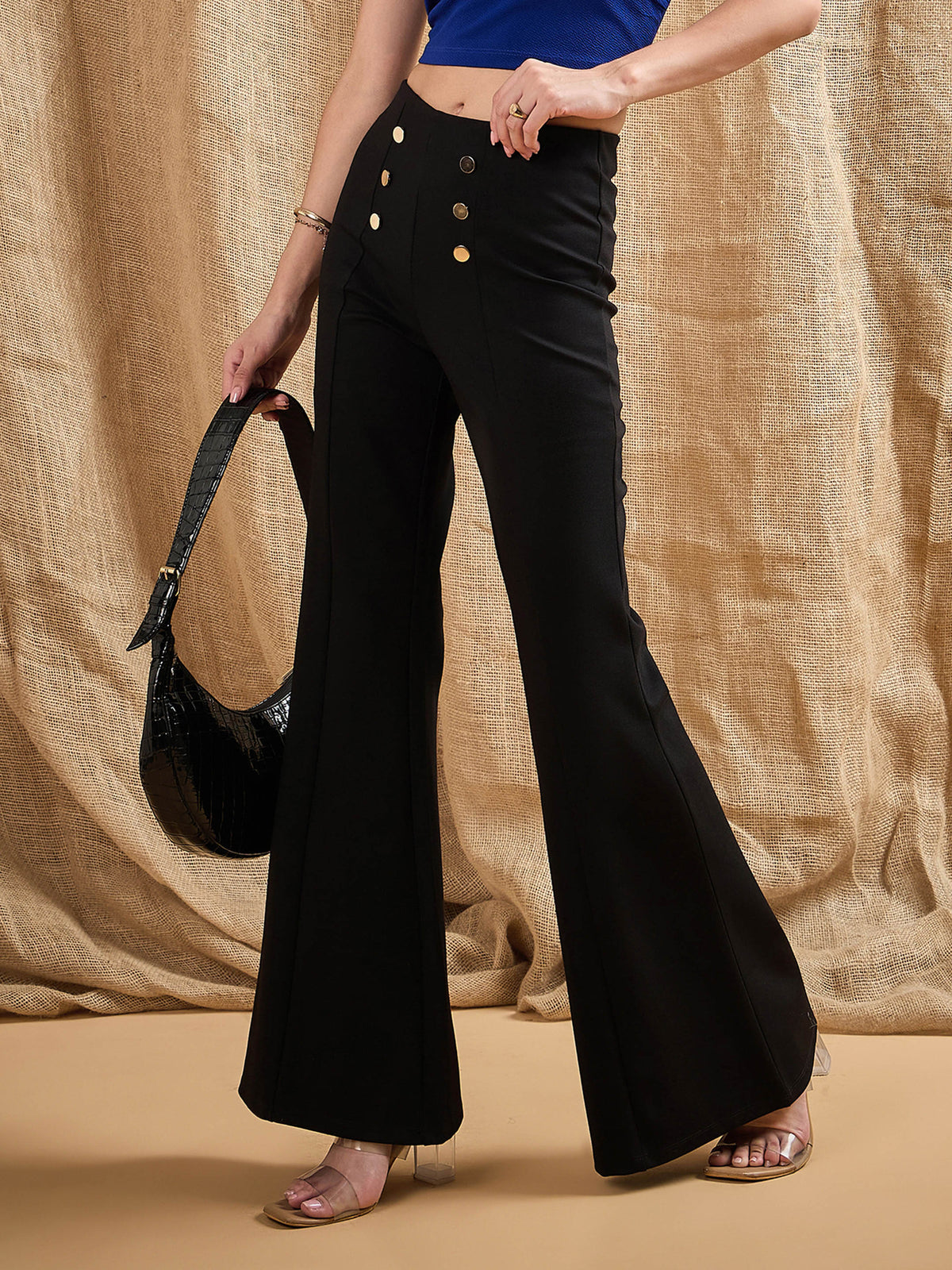 Black Front Button Flared Bell Bottom Pants-SASSAFRAS