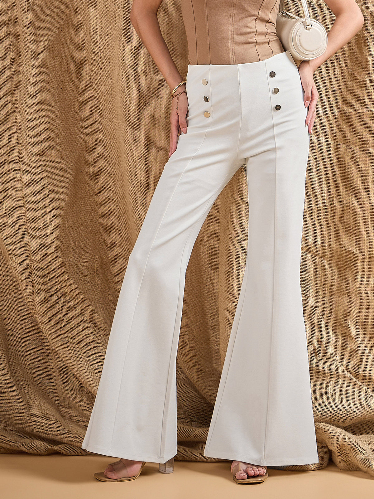 White Front Button Flared Bell Bottom Pants-SASSAFRAS