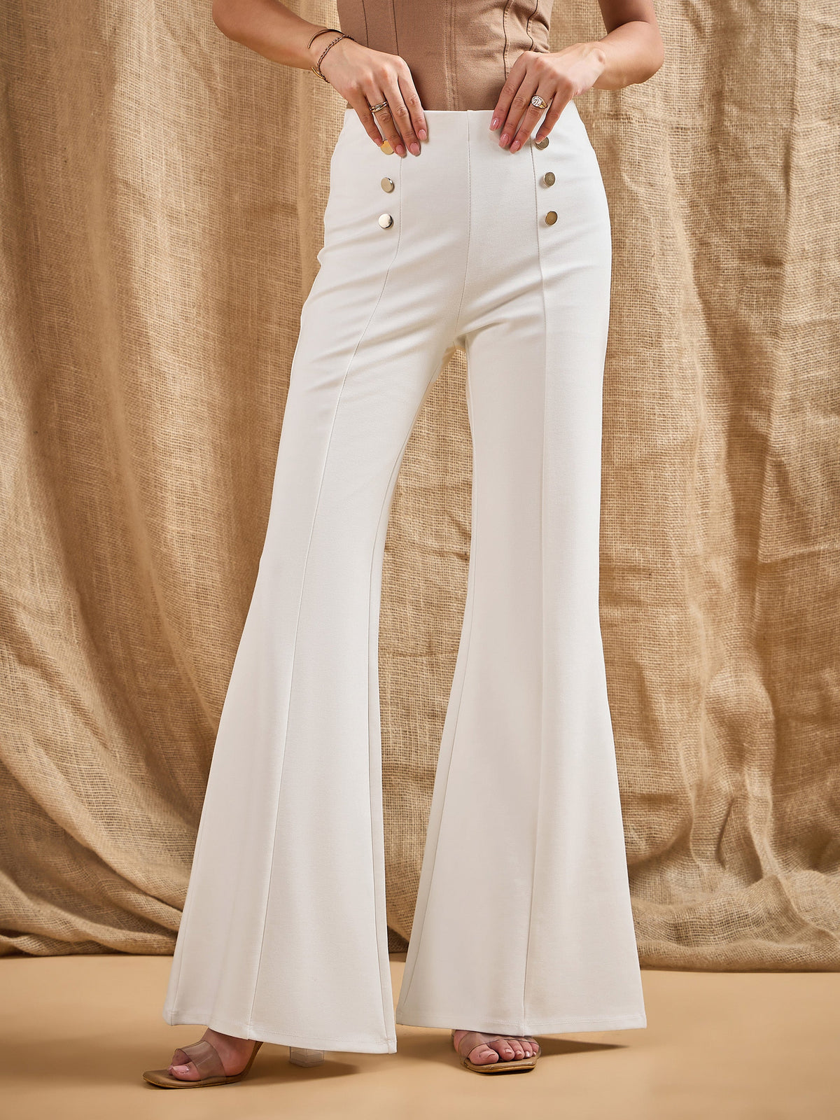 White Front Button Flared Bell Bottom Pants-SASSAFRAS