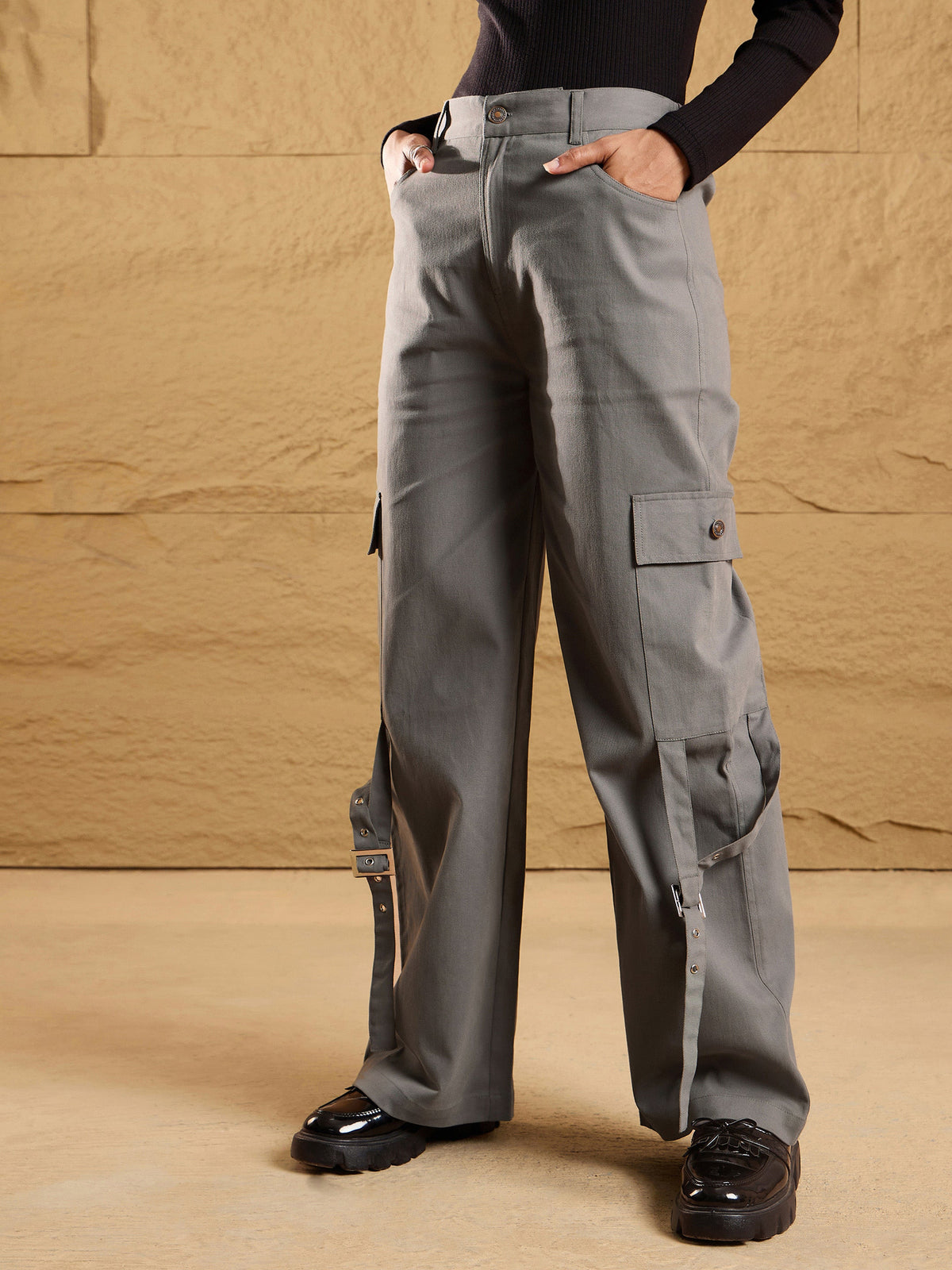 Grey Pocket Loop Detail Cargo Pants-SASSAFRAS