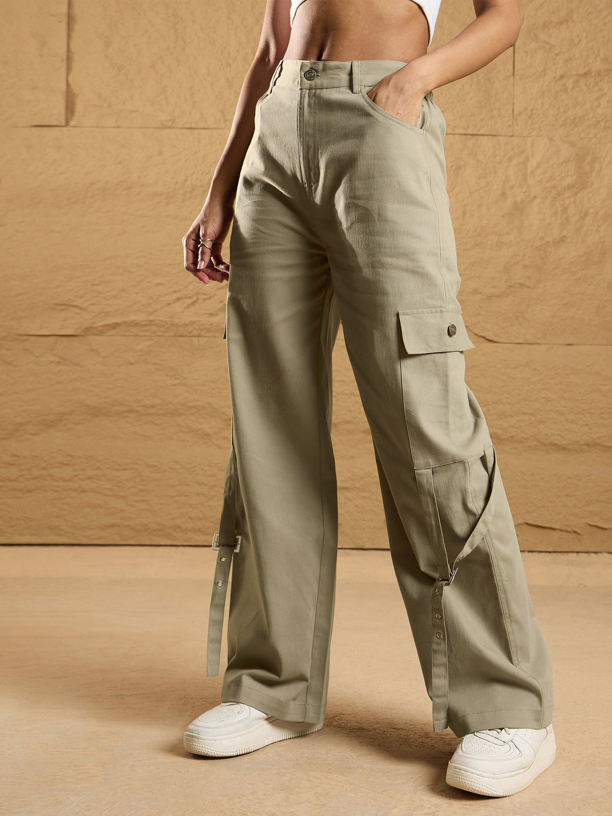 Beige Pocket Loop Detail Cargo Pants-SASSAFRAS