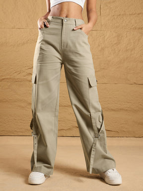 Beige Pocket Loop Detail Cargo Pants-SASSAFRAS