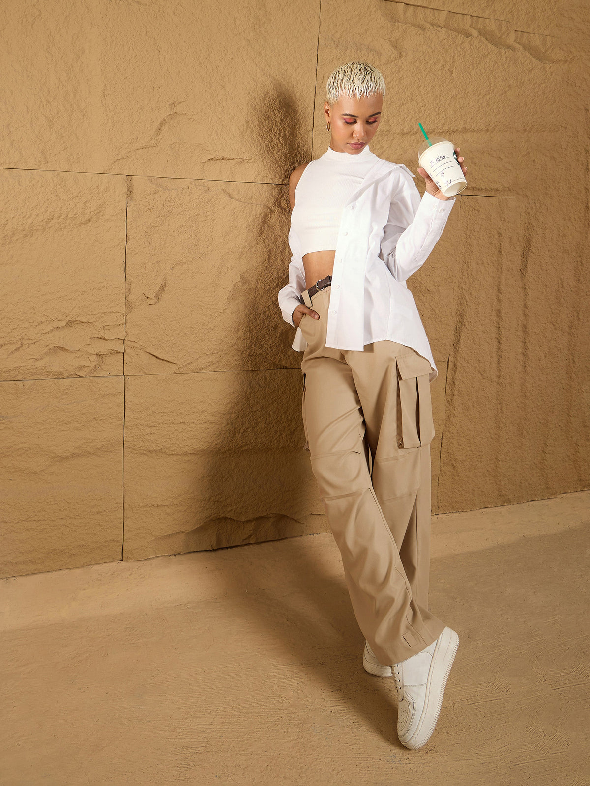 Beige Side Pockets Parachute Korean Cargo Pants-SASSAFRAS