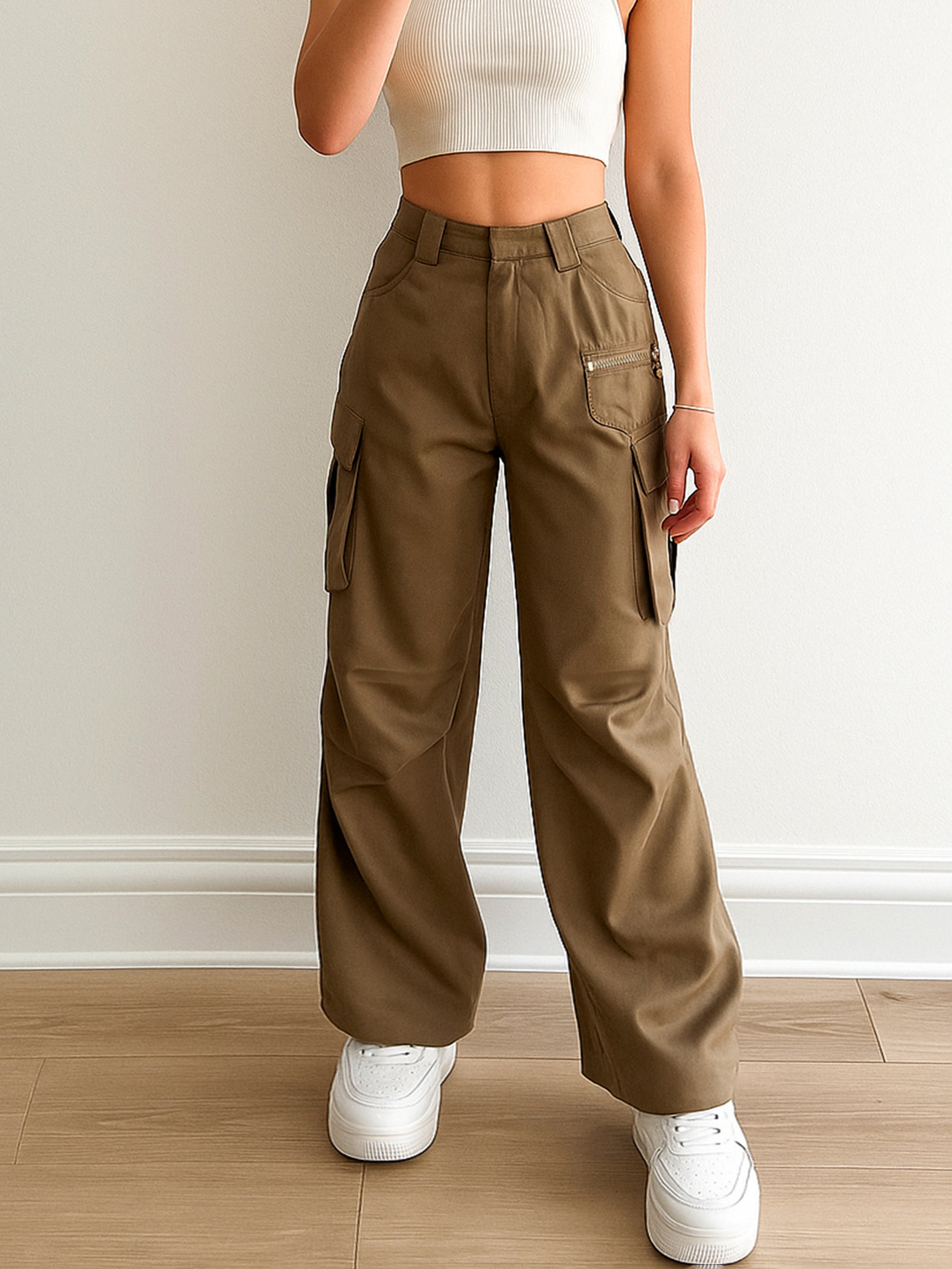 Women Brown Side Pockets Parachute Korean Cargo Pants