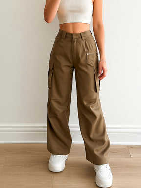 Women Brown Side Pockets Parachute Korean Cargo Pants