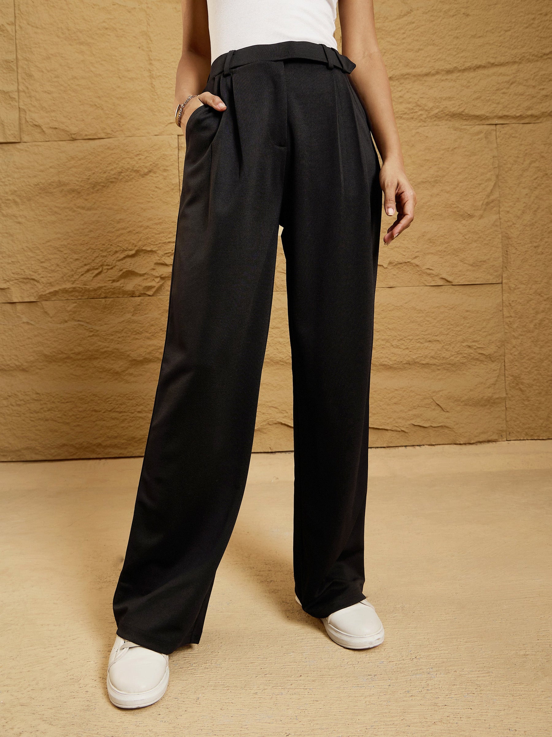 Black Waist Belt Comfort Fit Korean Pants-SASSAFRAS