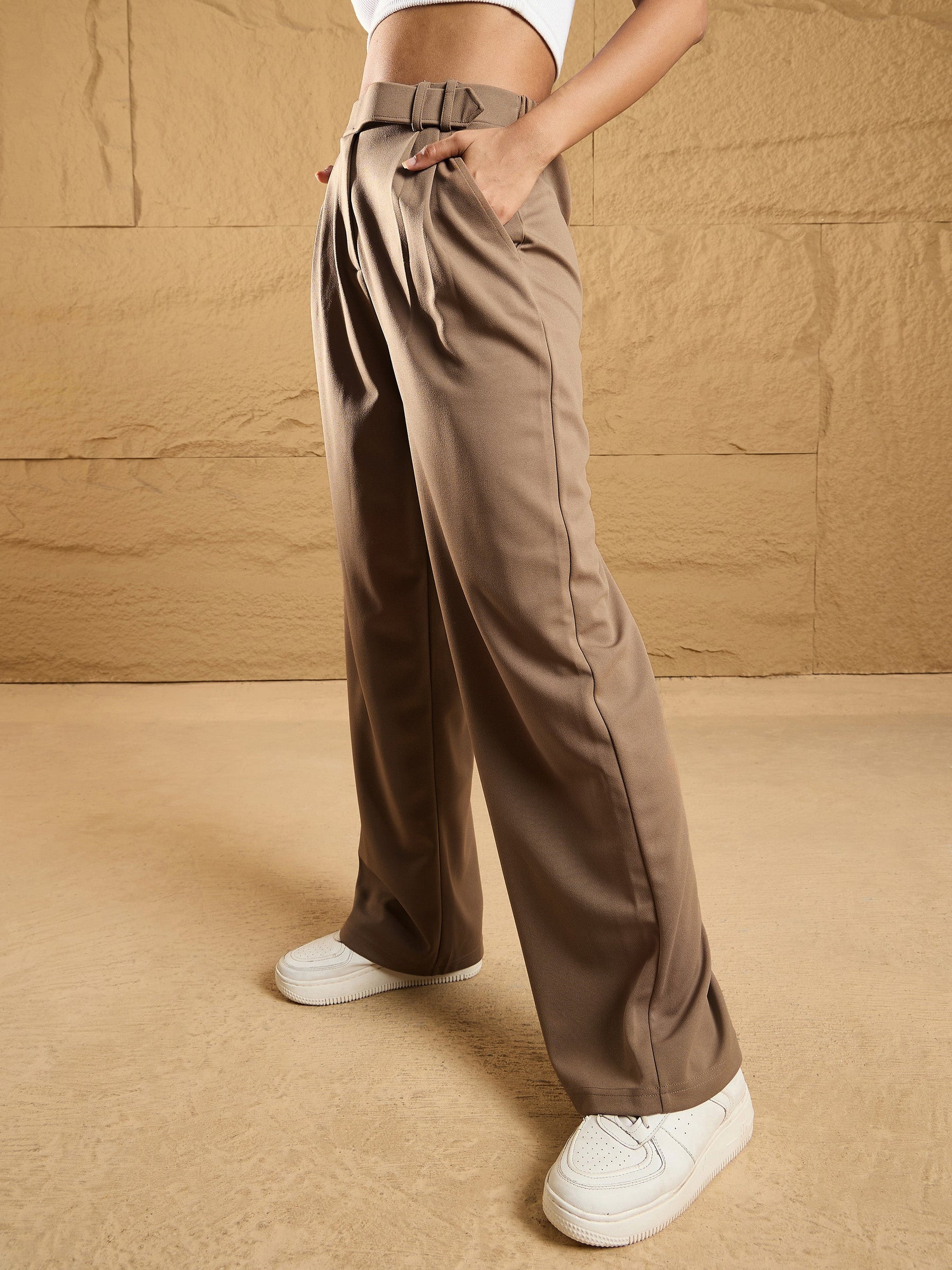 Beige Waist Belt Comfort Fit Korean Pants-SASSAFRAS