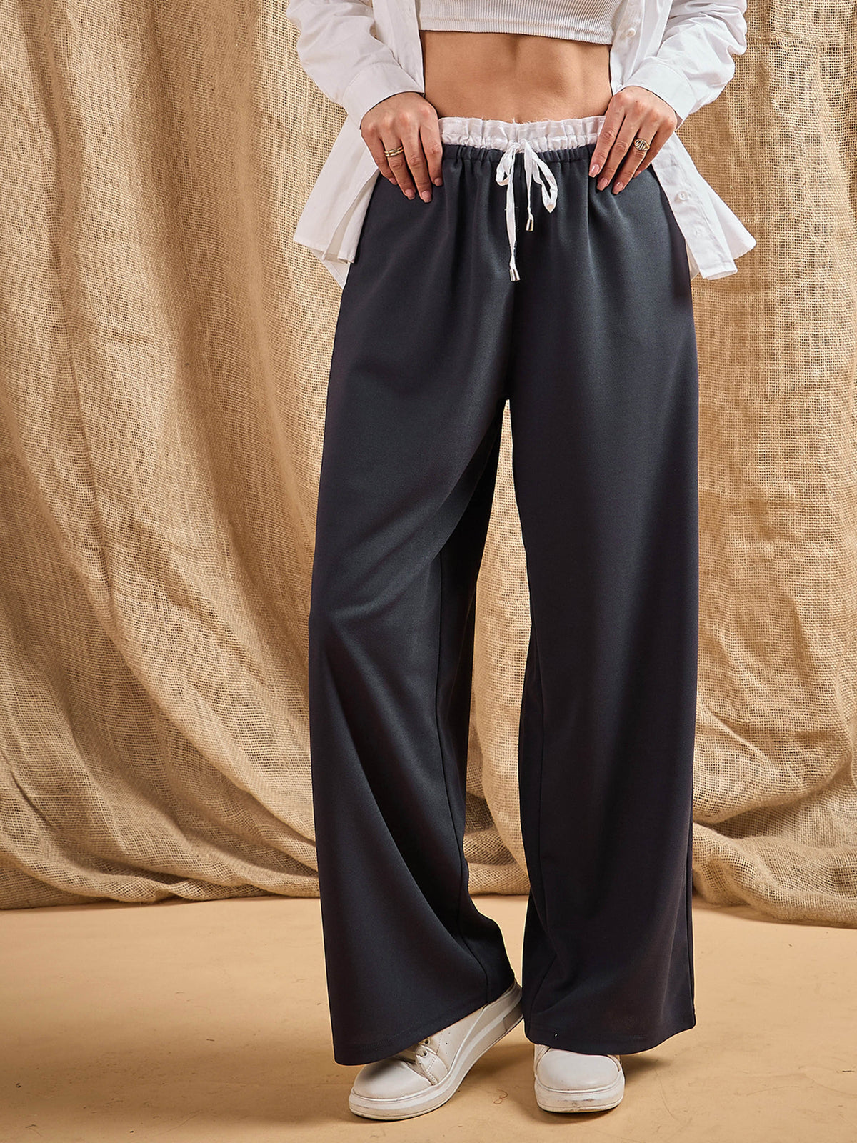 Grey Contrast Paperback Waist Korean Pants-SASSAFRAS