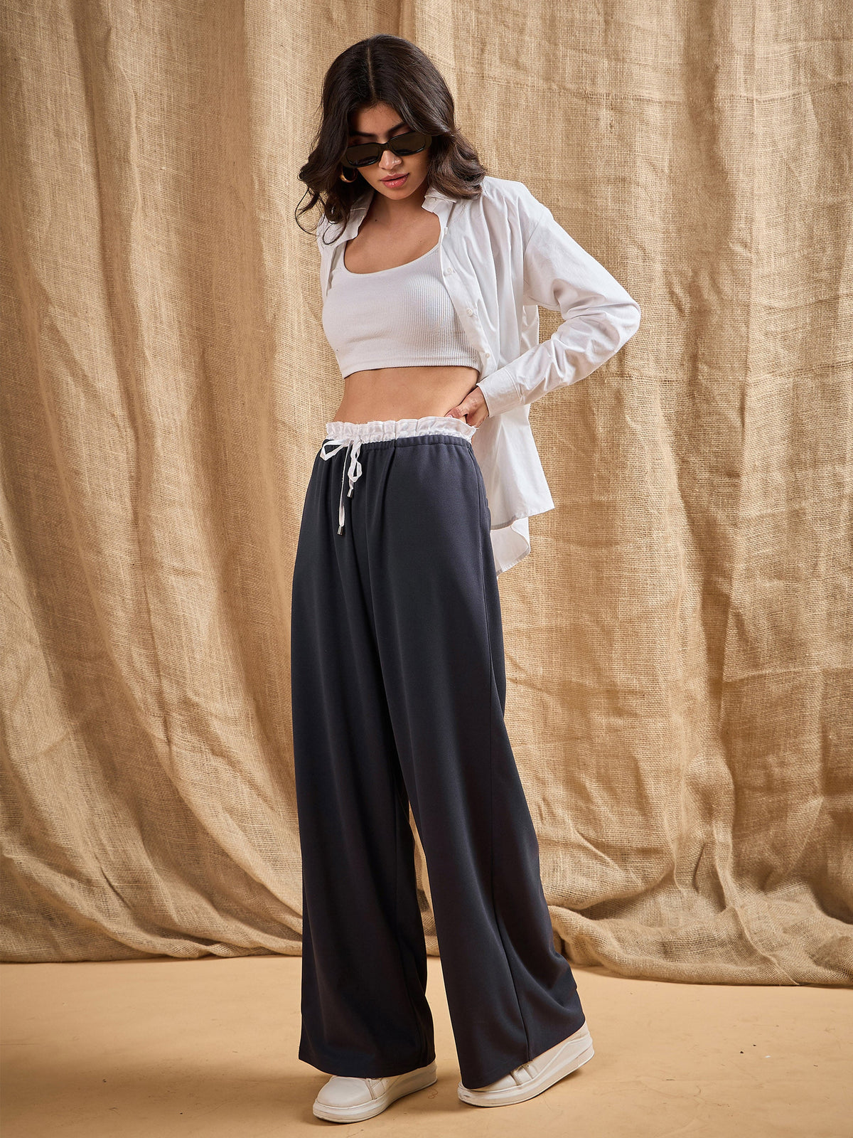 Grey Contrast Paperback Waist Korean Pants-SASSAFRAS