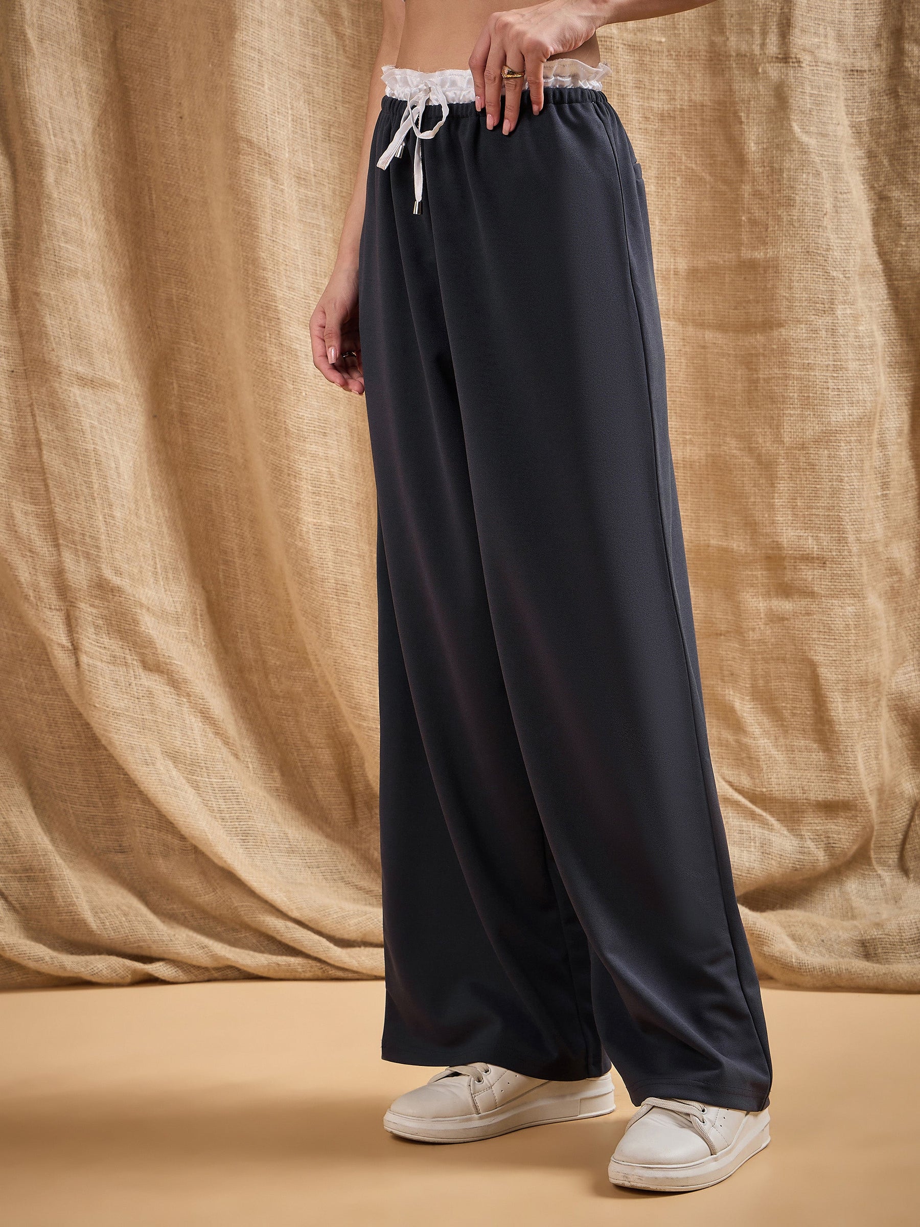 Grey Contrast Paperback Waist Korean Pants-SASSAFRAS