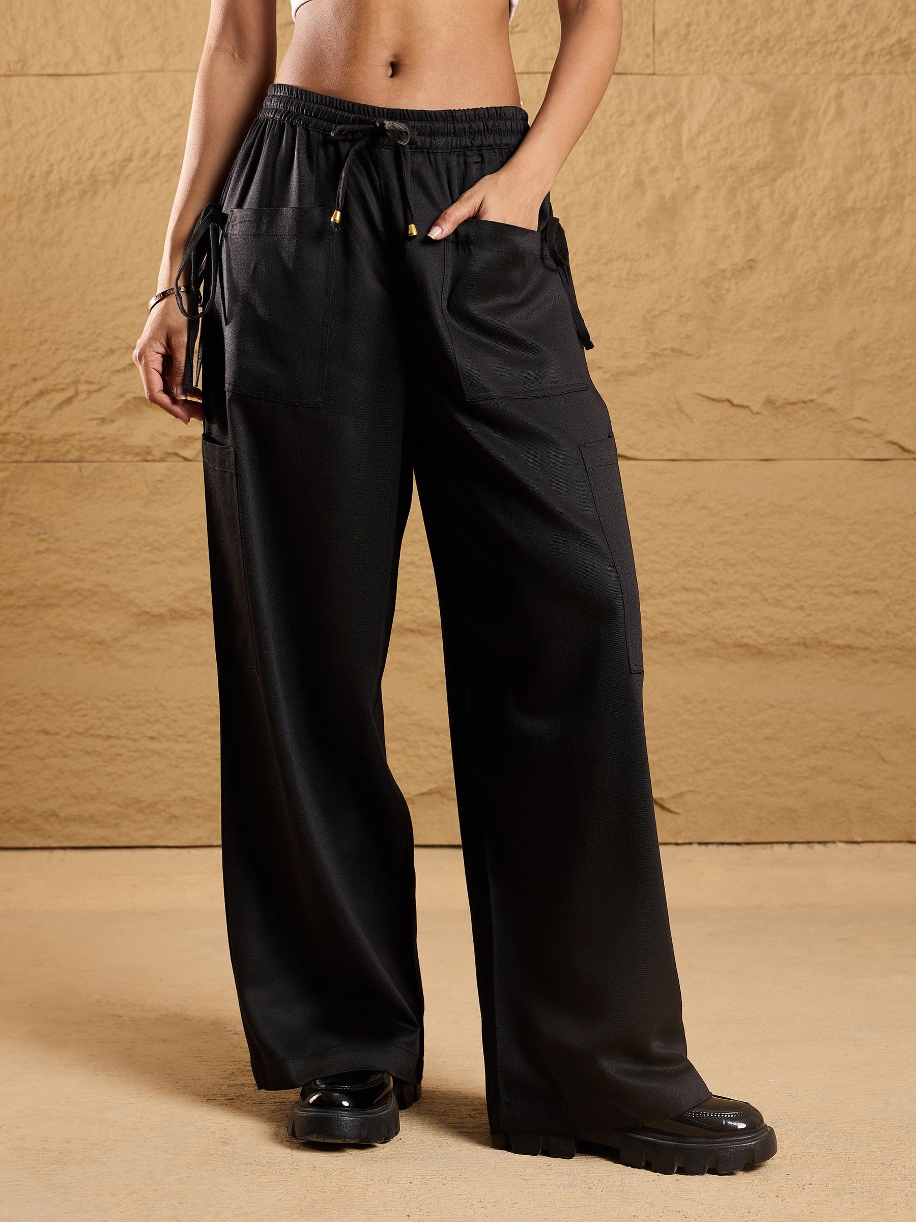 Black Waist Drawstring Cargo Pants-SASSAFRAS