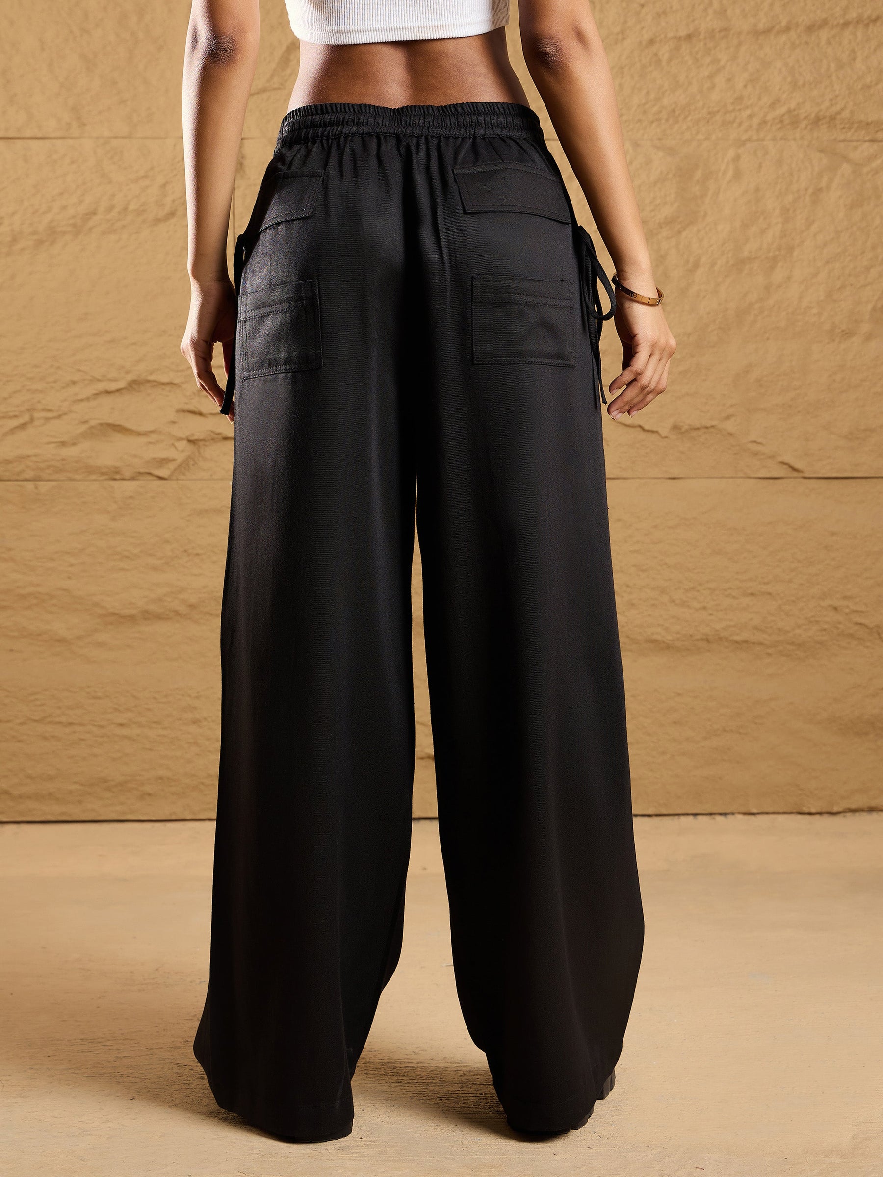 Black Waist Drawstring Cargo Pants-SASSAFRAS