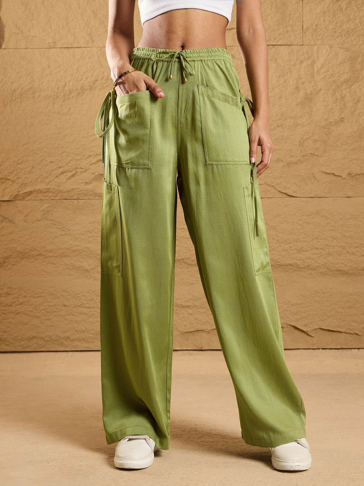 Olive Waist Drawstring Cargo Pants-SASSAFRAS