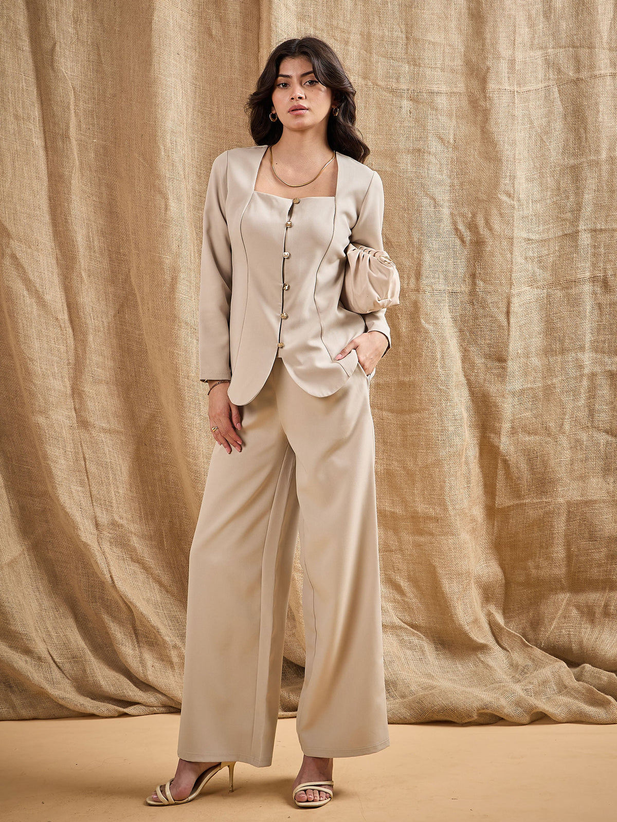 Beige Waist Darted Comfort Fit Pants-SASSAFRAS