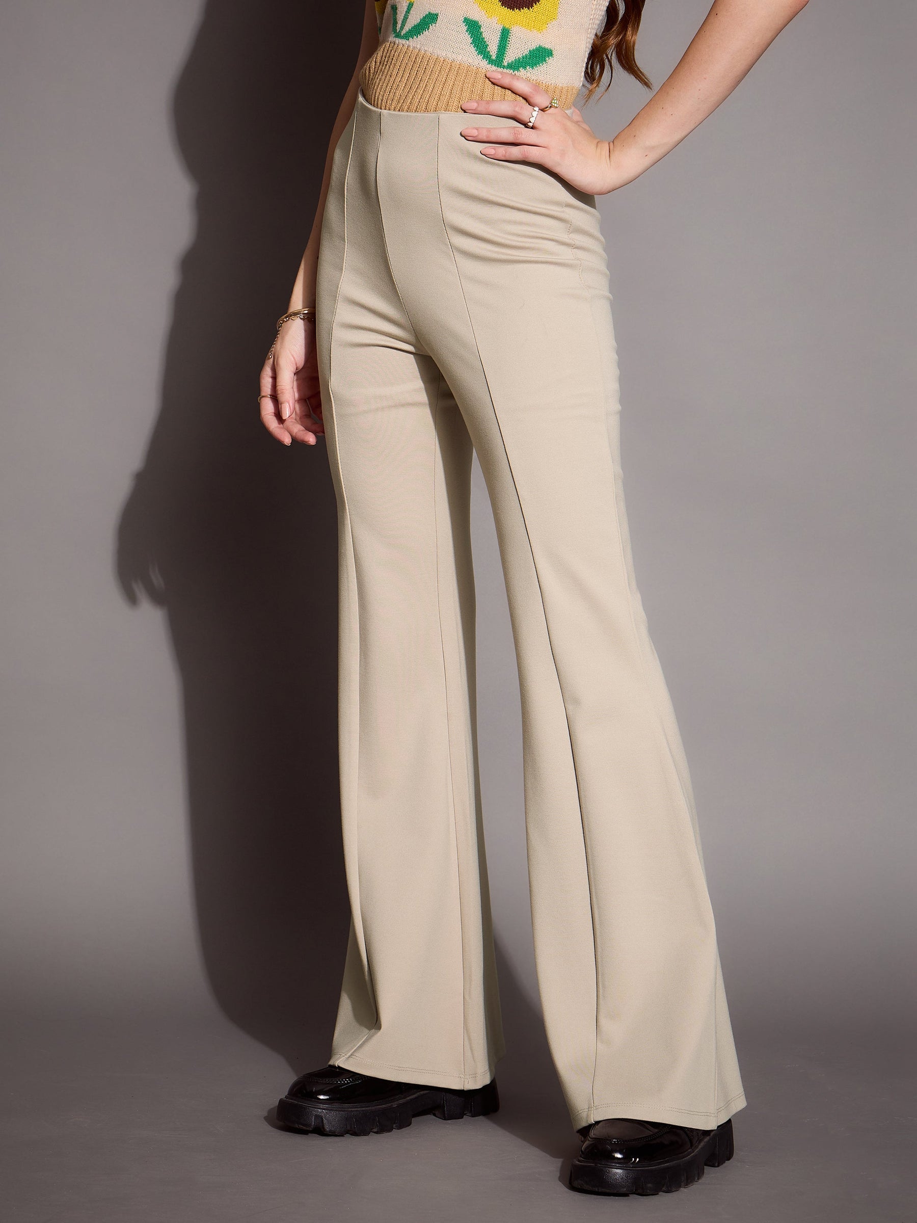 Beige Bootcut Flared High-Rise Trousers-SASSAFRAS BASICS