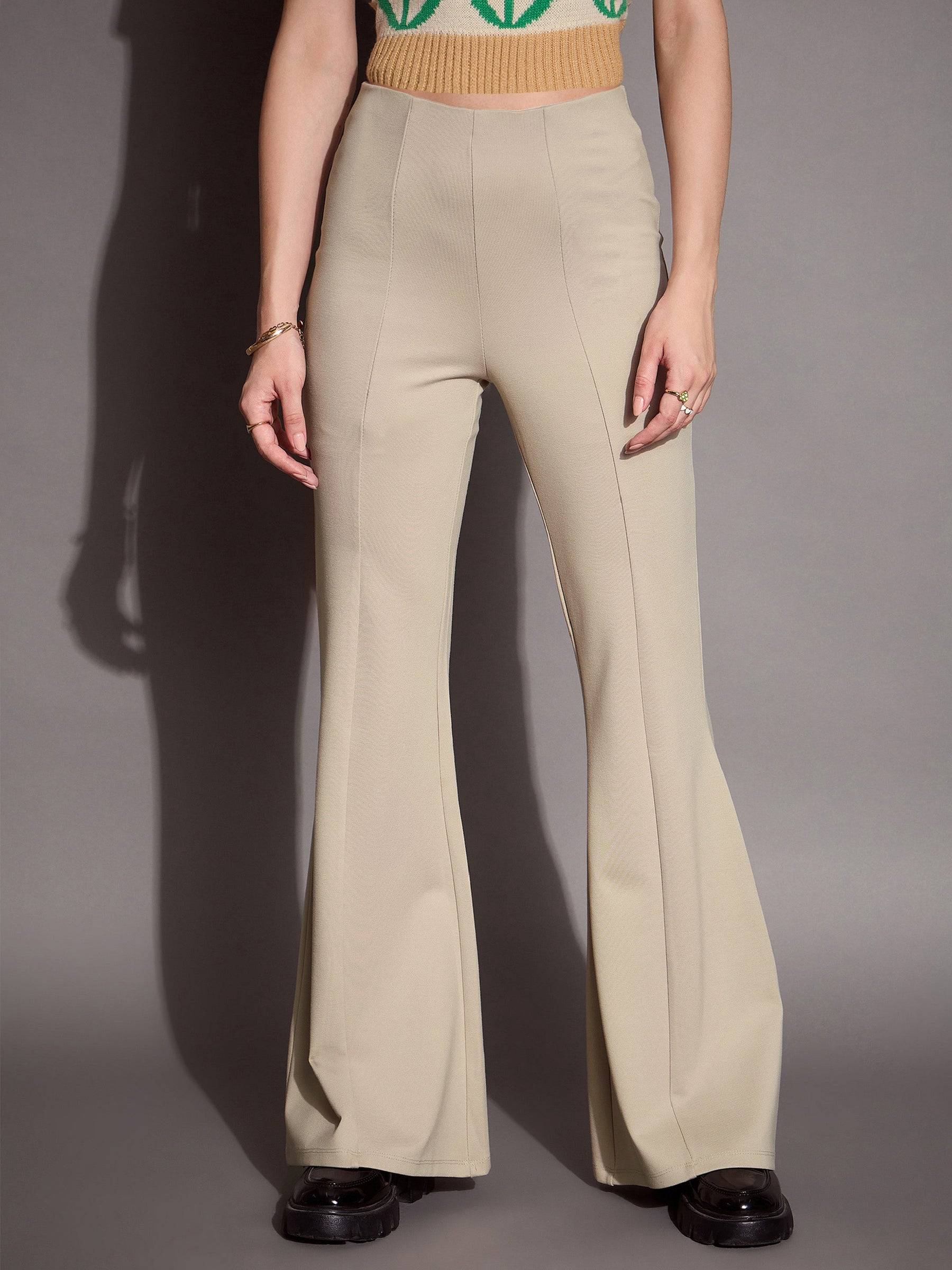 Beige Bootcut Flared High-Rise Trousers-SASSAFRAS BASICS