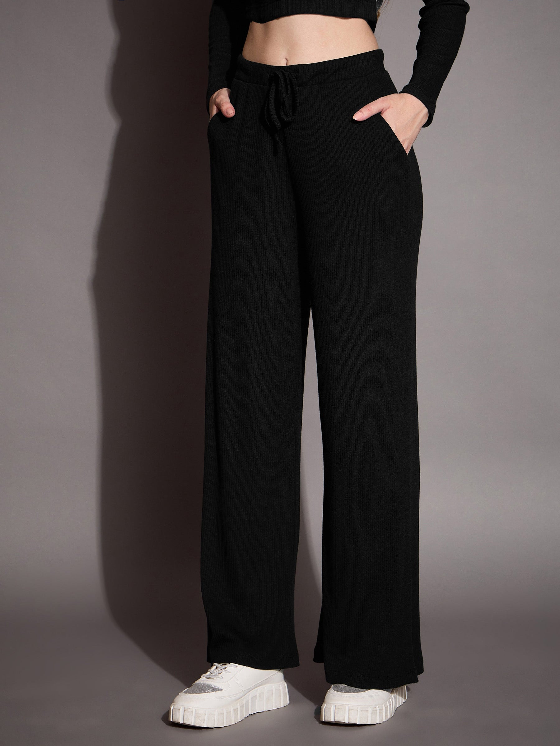 Black Rib Drawstring Pants-SASSAFRAS BASICS