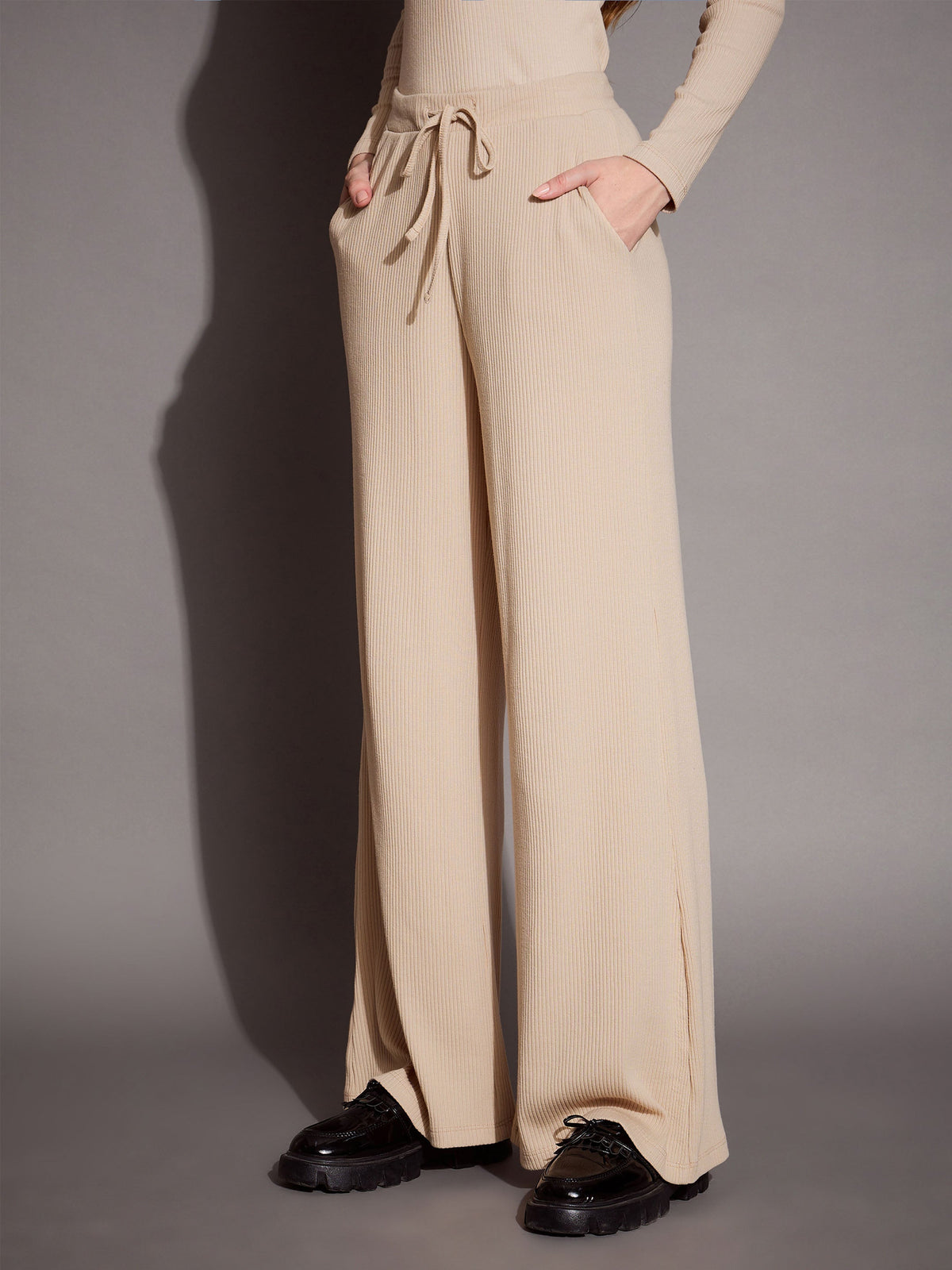 Beige Rib Drawstring Pants-SASSAFRAS BASICS